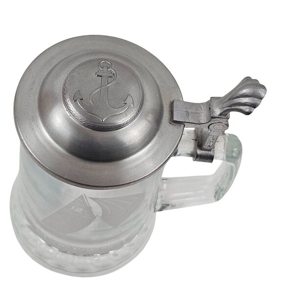 Alwe Beer Stein Pewter Lid 12m Racing Sloop Etched Clear Glass Germany Old Spice - Picture 5 of 10